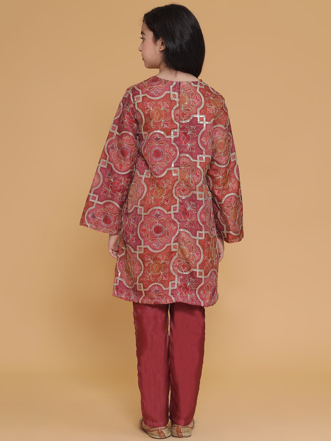 PICCOLO- Organza Embroidered Kurta Pant Set-Burgundy