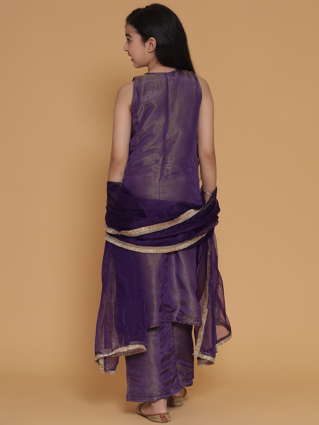 Girls Purple Gold Handwork Tissue Kurta, Pant And Dupatta Set