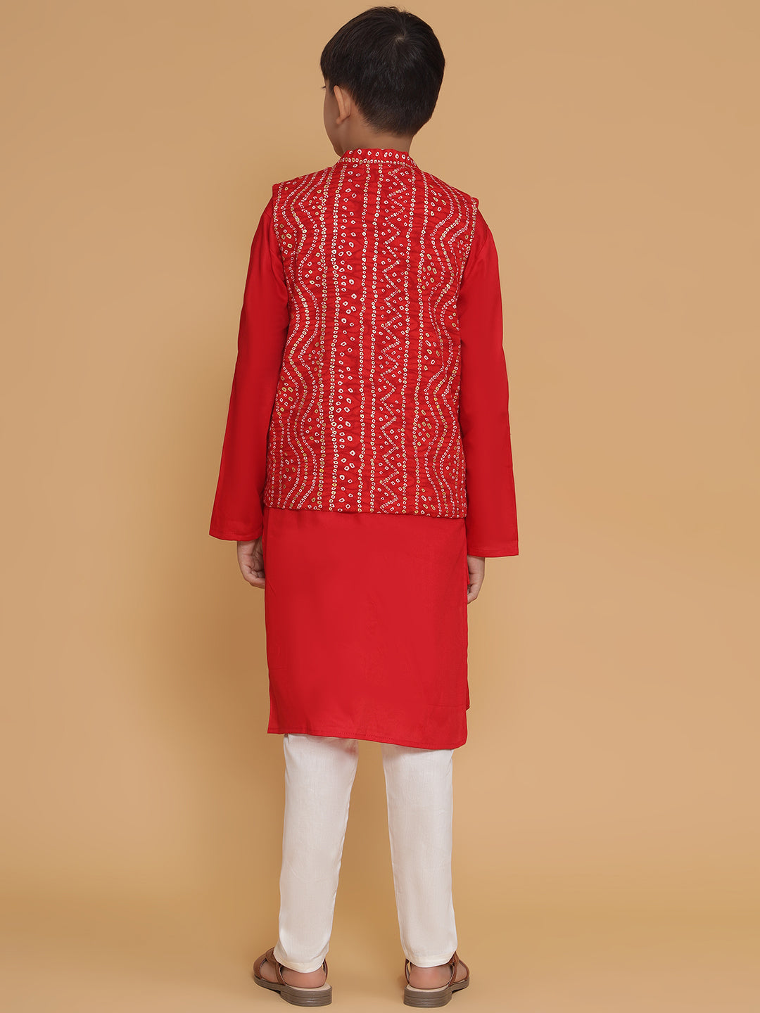 Piccolo Red Bandhani Print Nehru Jacket Kurta Pyjama Set