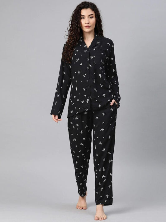 Women Black &amp; White Conversational Printed Night Suit