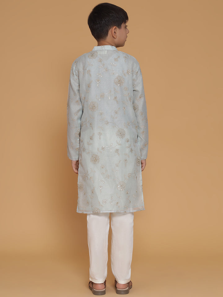 Boys Sky Blue Golden Floral Embroidered Kurta And Pyjama Set