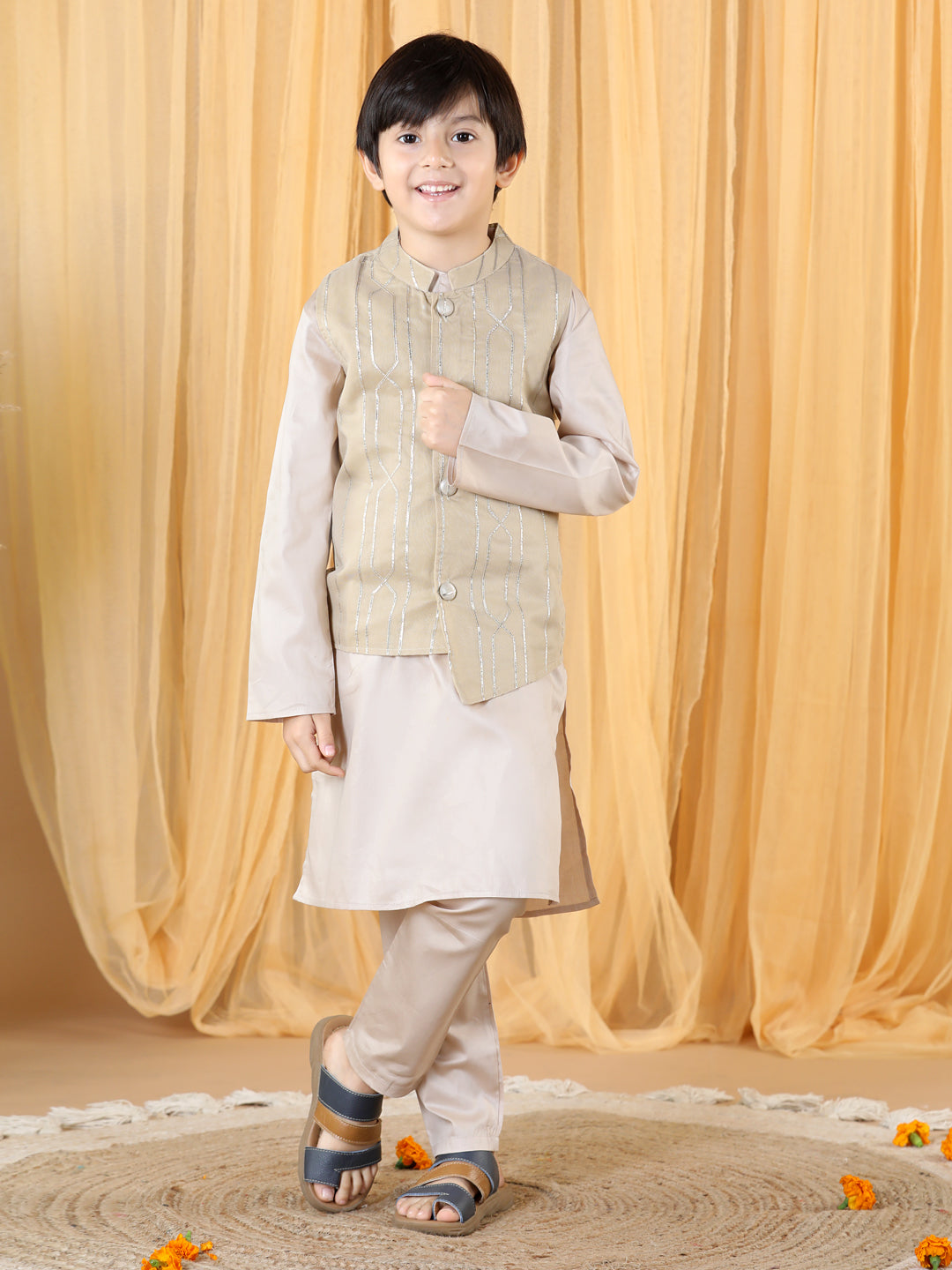 Piccolo Boy's Cream Kurta Pyjama with Gota Lining Jacket