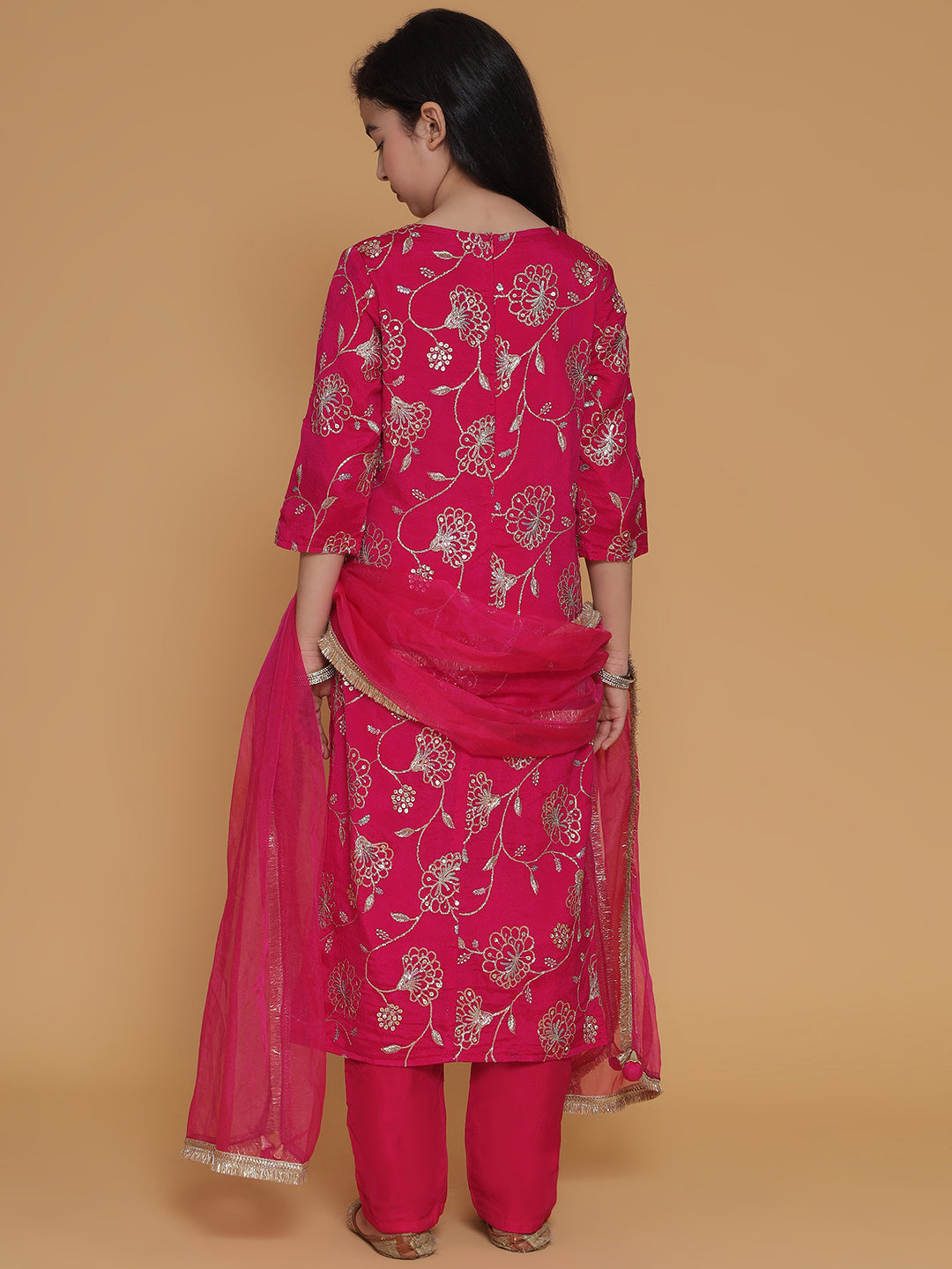 Pink Sequin Embroidered Kurta Pant with Organza Dupatta