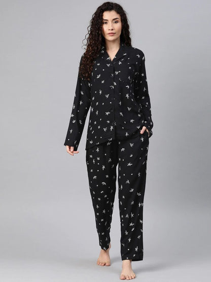 Women Black & White Conversational Printed Night Suit