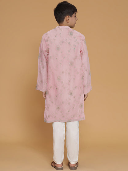 Boys Ethnic Motifs Embroidered Sequinned Straight Kurta with Pyjamas