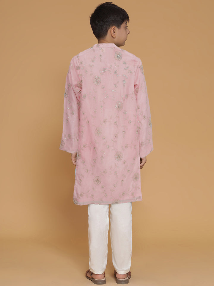 Boys Pink Ethnic Motifs Embroidered Kurta And Pyjamas Set