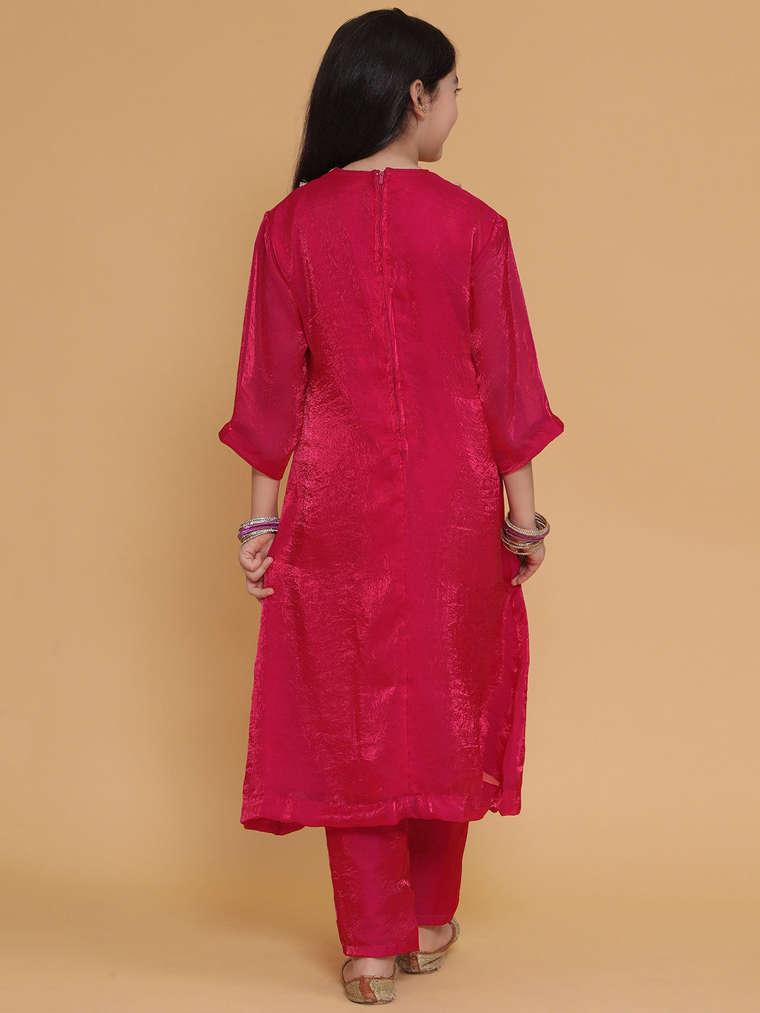 Girls Fuchsia Pink Tissue Kurta And Pant Co-Ord Set