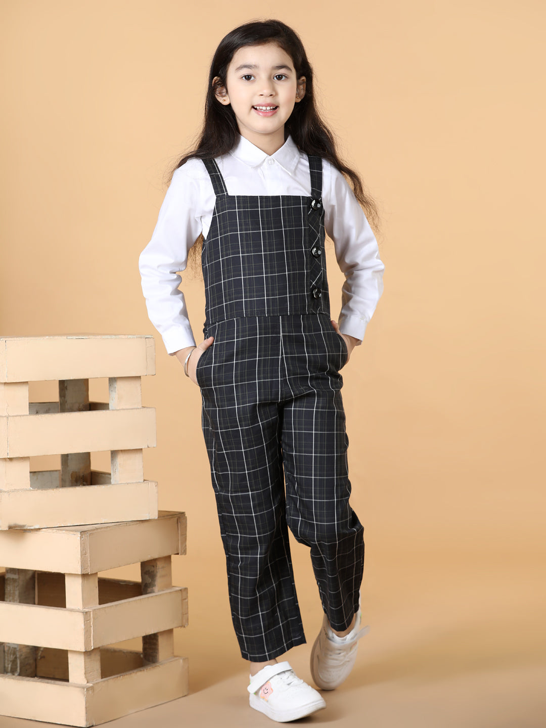 Girls Top with Checked Dungaree Set