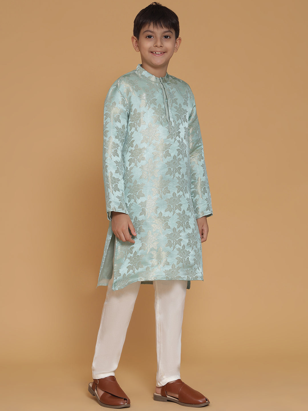 Boys Blue Jacquard Silk Floral Mandarin Collar Kurta With Trousers