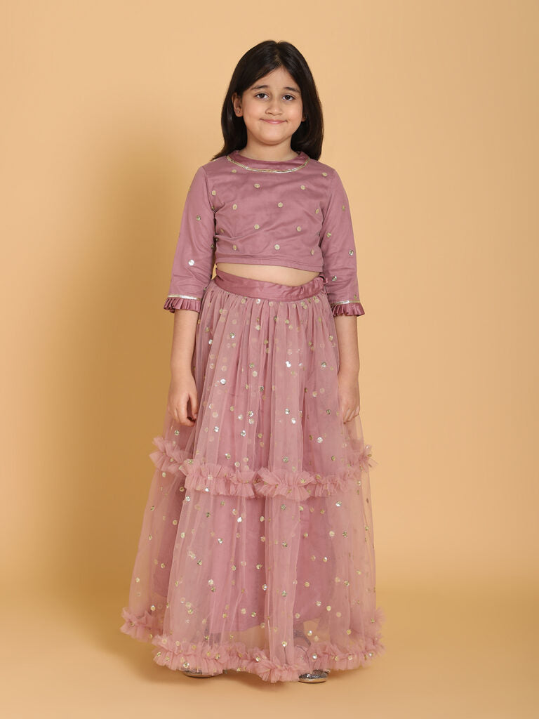 Girls Mauve Sequinned Net Blouse And Layered Lehenga Set