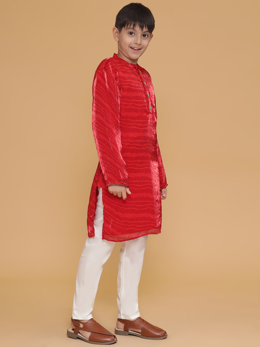 Piccolo- Leheriya Kurta Pyjama Set With Zardosi Buttons-Red