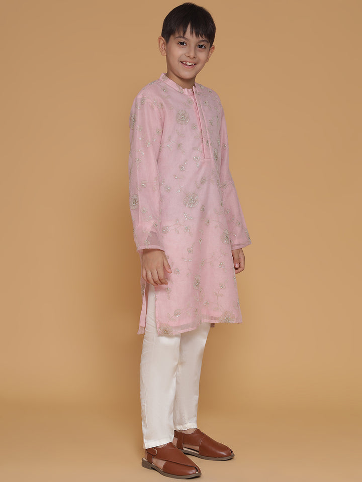 Boys Pink Ethnic Motifs Embroidered Kurta And Pyjamas Set