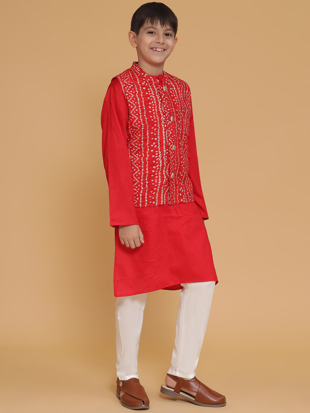 Piccolo Red Bandhani Print Nehru Jacket Kurta Pyjama Set
