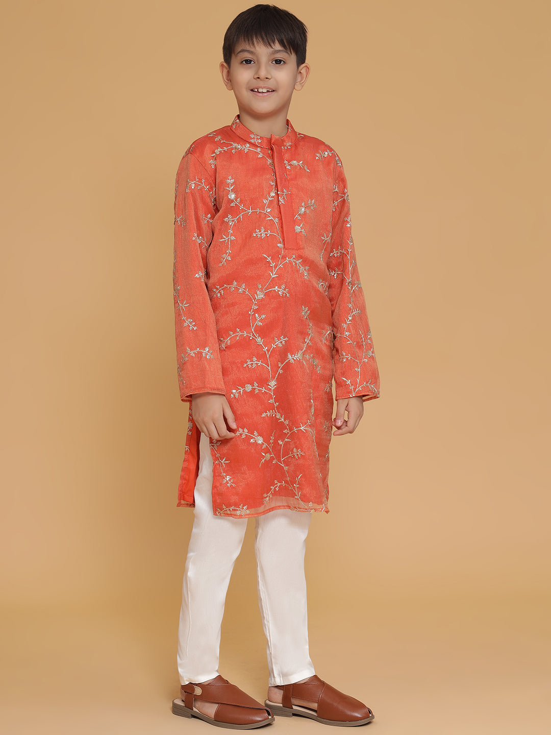 Boys Orange Organza Embroidered Kurta And Pyjama Set