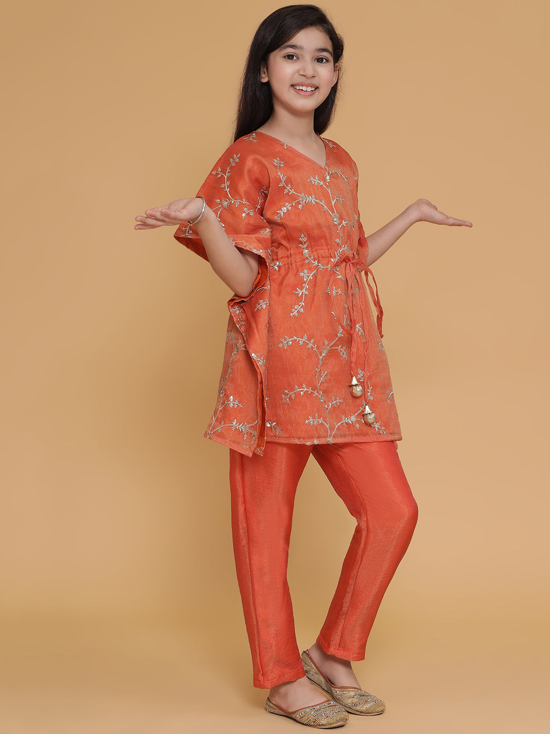 Piccolo-Tissue Kaftan Set With Pants- Orange