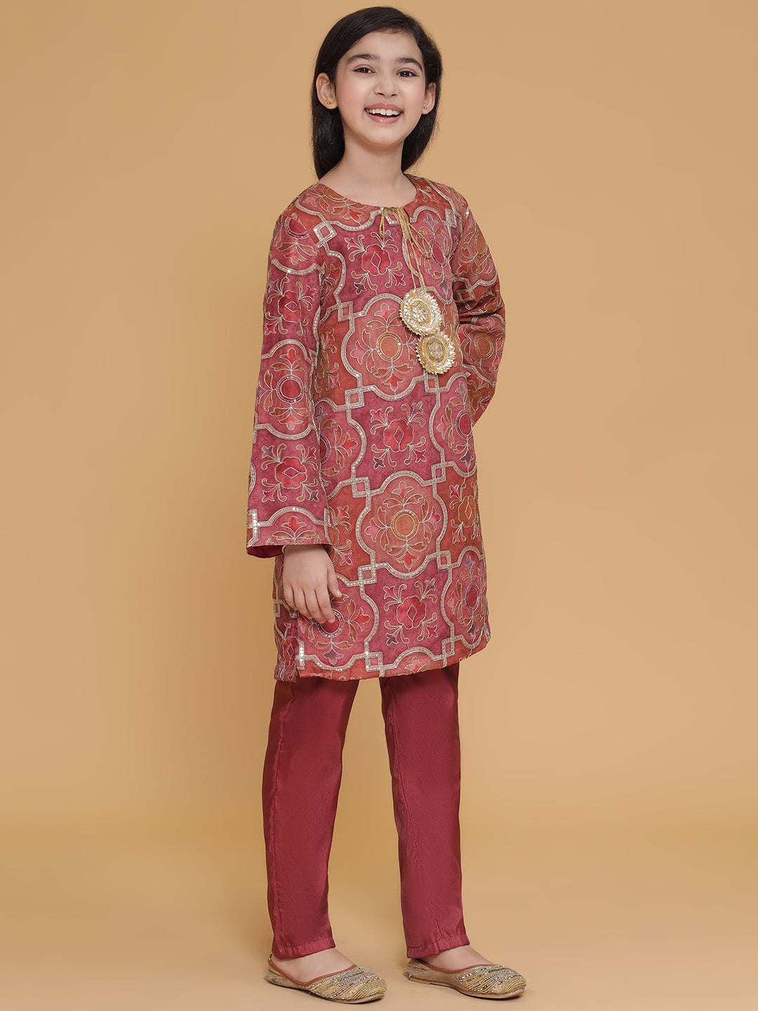 PICCOLO- Organza Embroidered Kurta Pant Set-Burgundy