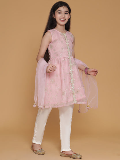 Girls Pink Sequinned Floral A Line Kurta And Pants Set With Dupatta