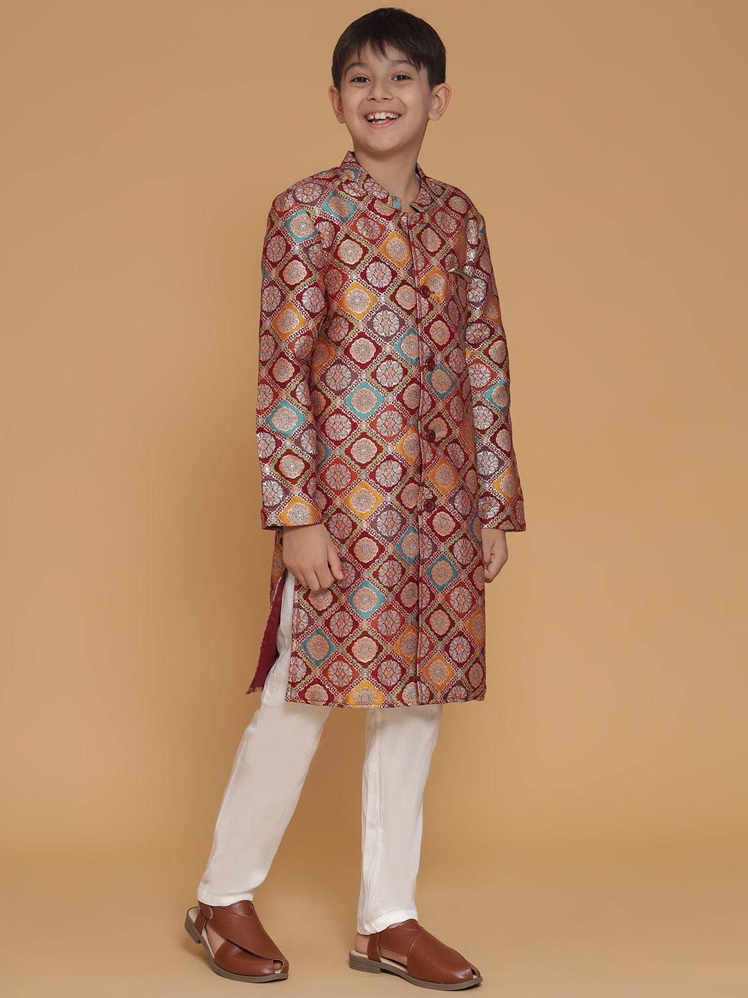 Boys Maroon Jacquard Silk Sherwani And Pyjama Set