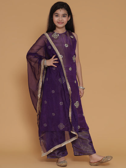 Girls Purple Gold Handwork Tissue Kurta, Pant And Dupatta Set