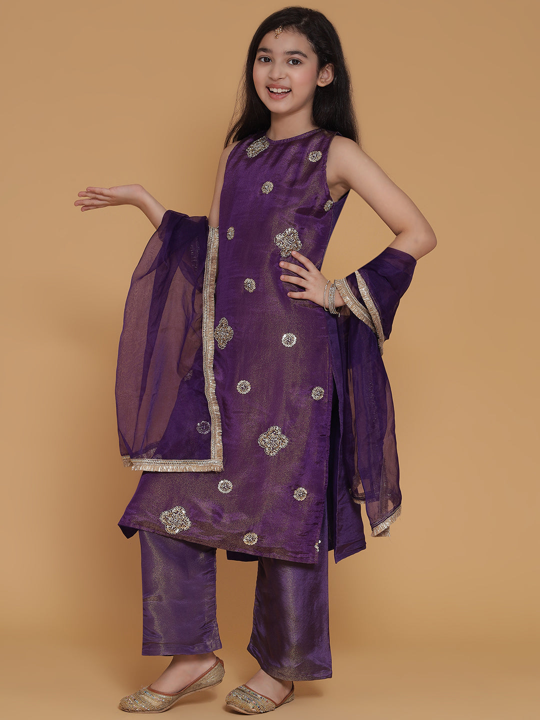 Girls Purple Gold Handwork Tissue Kurta, Pant And Dupatta Set