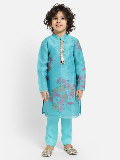 Turquoise Green Floral Kurta Payjama Set