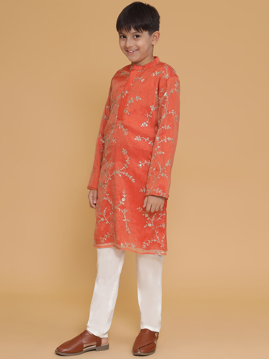 Boys Orange Organza Embroidered Kurta And Pyjama Set