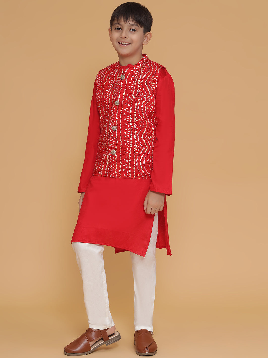 Piccolo Red Bandhani Print Nehru Jacket Kurta Pyjama Set