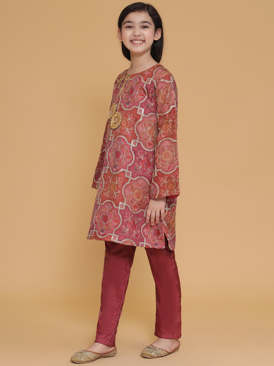 PICCOLO- Organza Embroidered Kurta Pant Set-Burgundy