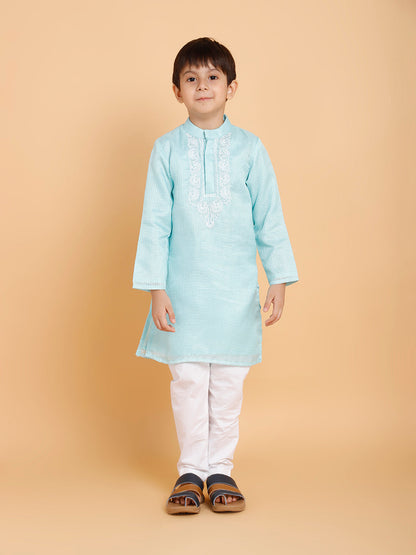 Blue Kurta with Embroidery with Pyjama (Set of 2)