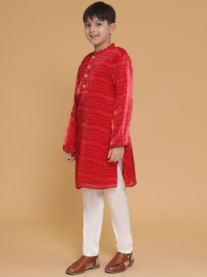Piccolo- Leheriya Kurta Pyjama Set With Zardosi Buttons-Red