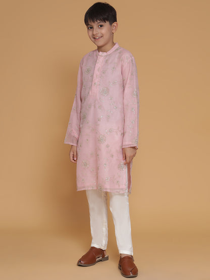 Boys Ethnic Motifs Embroidered Sequinned Straight Kurta with Pyjamas