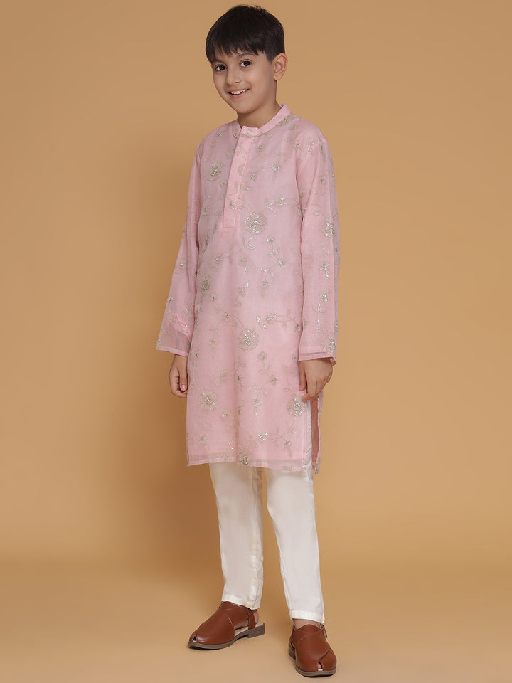 Boys Pink Ethnic Motifs Embroidered Kurta And Pyjamas Set