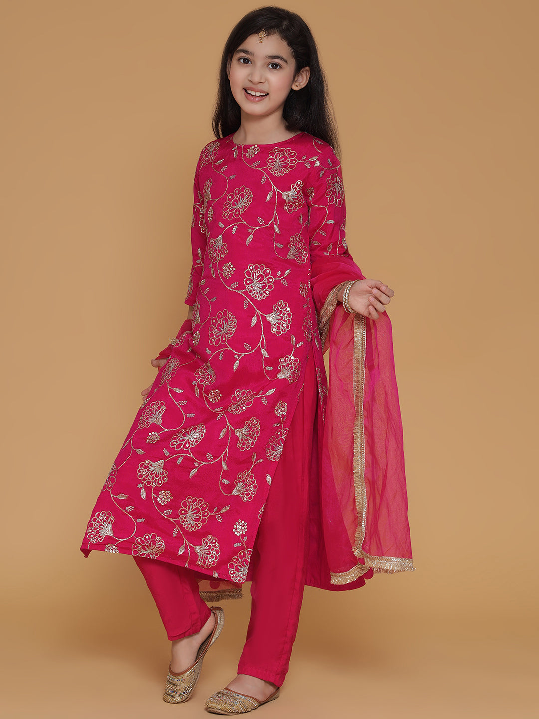 Pink Sequin Embroidered Kurta Pant with Organza Dupatta