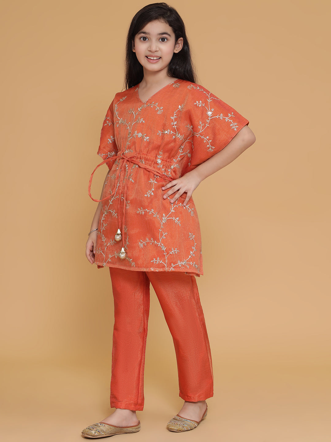 Piccolo-Tissue Kaftan Set With Pants- Orange