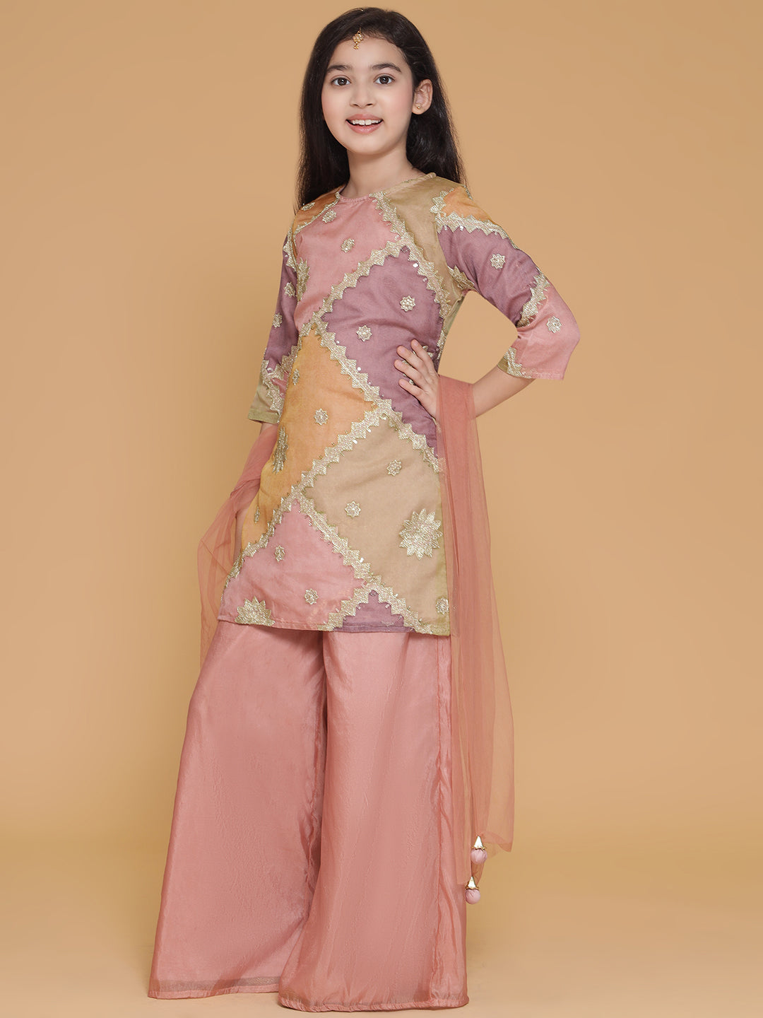 Piccolo- Embroidered Kurta With Pallazo Set - Pink