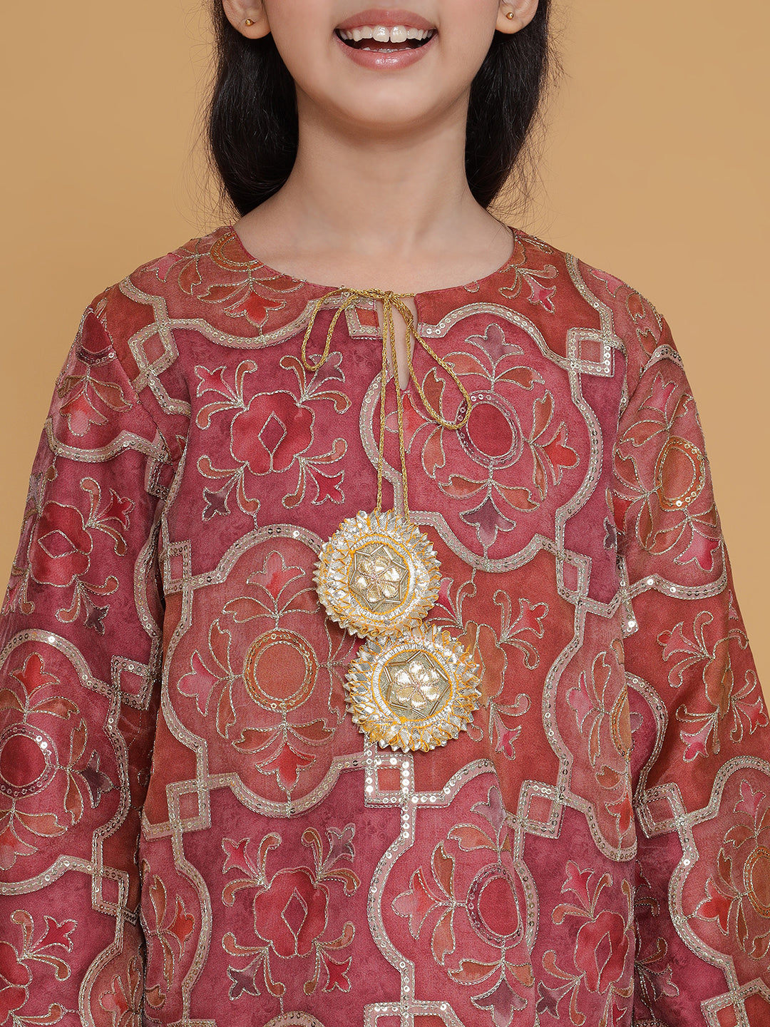 PICCOLO- Organza Embroidered Kurta Pant Set-Burgundy