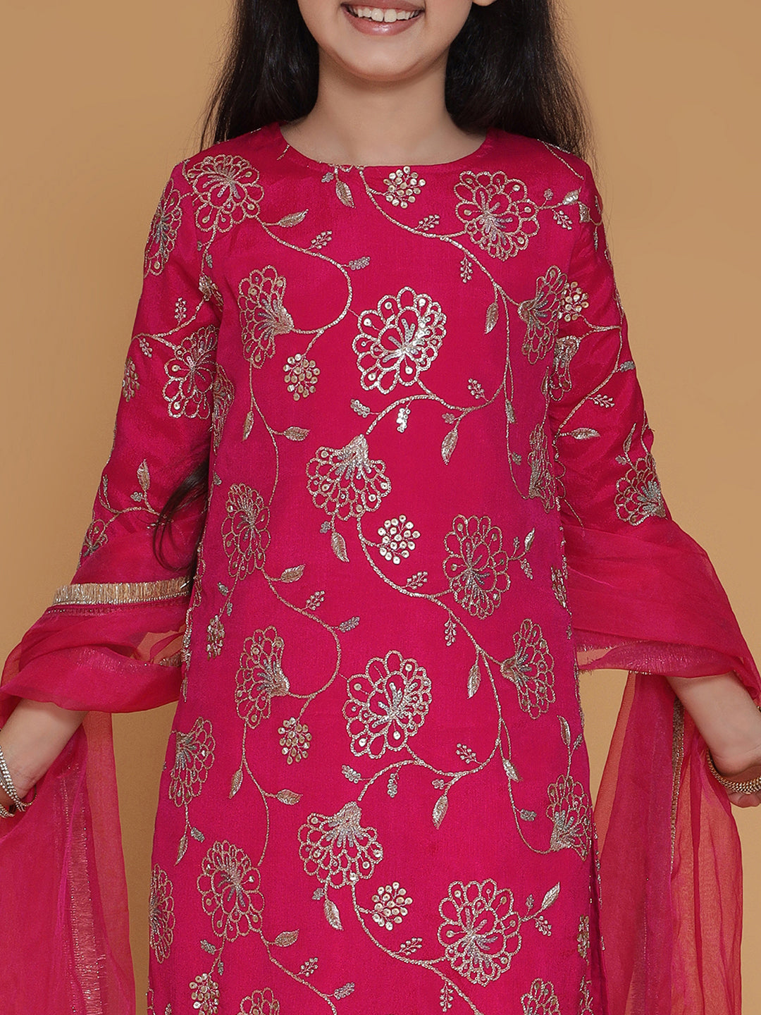 Pink Sequin Embroidered Kurta Pant with Organza Dupatta