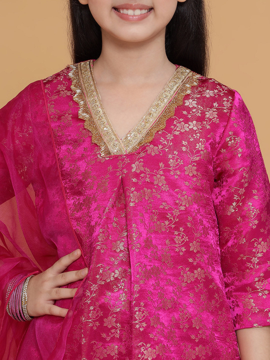Girls Pink Brocade Silk Kurta And Pants Set With Dupatta