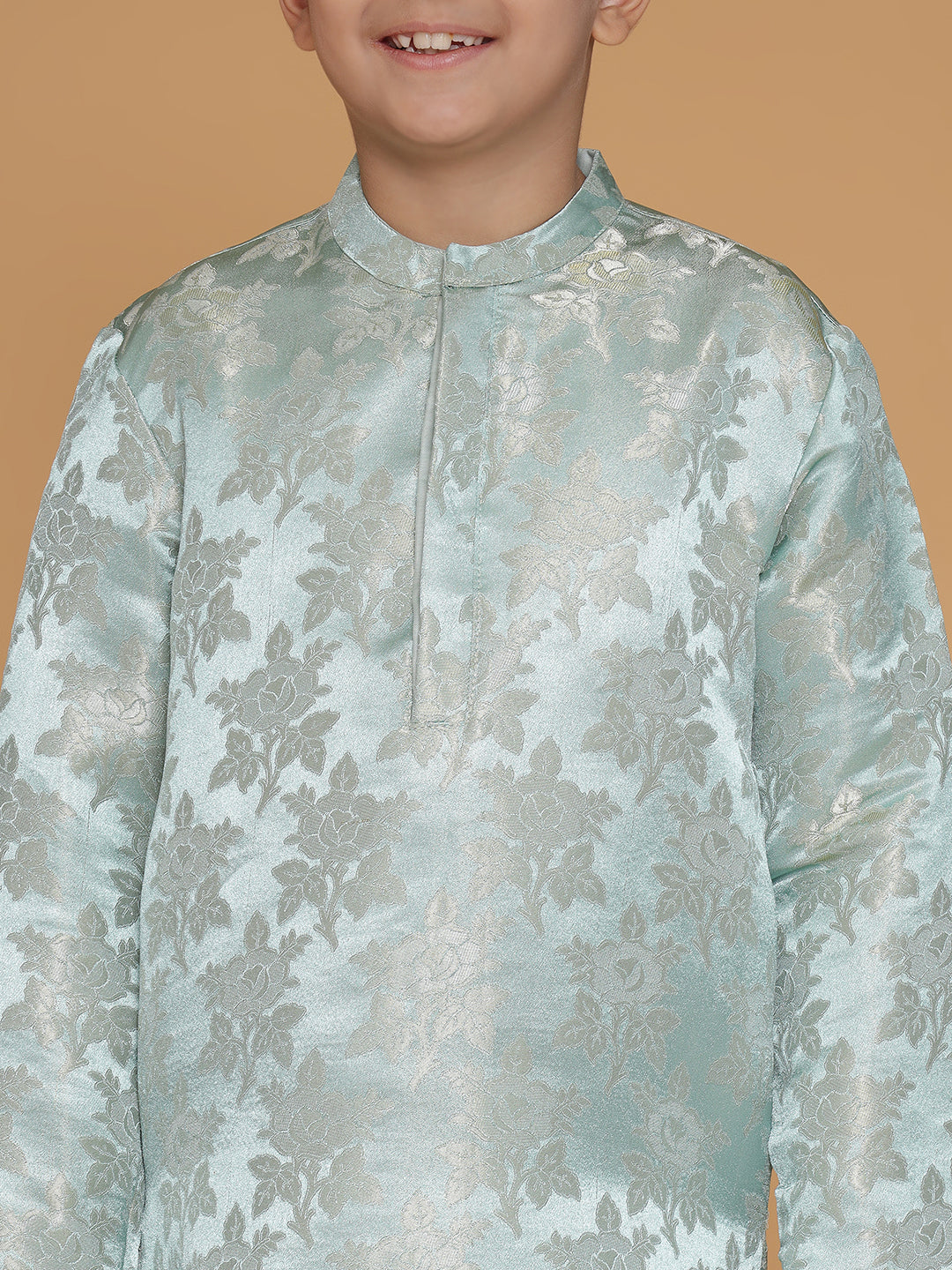 Boys Blue Jacquard Silk Floral Mandarin Collar Kurta With Trousers