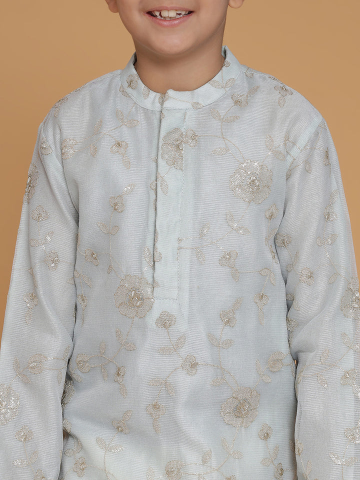 Boys Sky Blue Golden Floral Embroidered Kurta And Pyjama Set