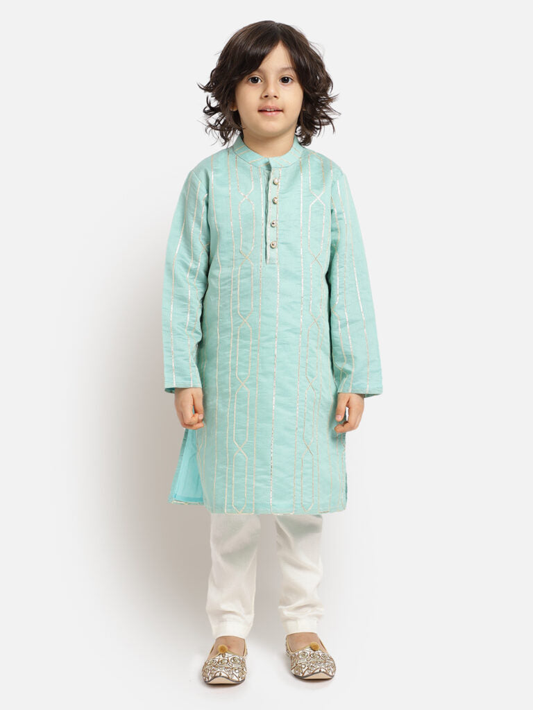 Boys Sea Green Silk Gold Embroidered Kurta And Pyjamas Set