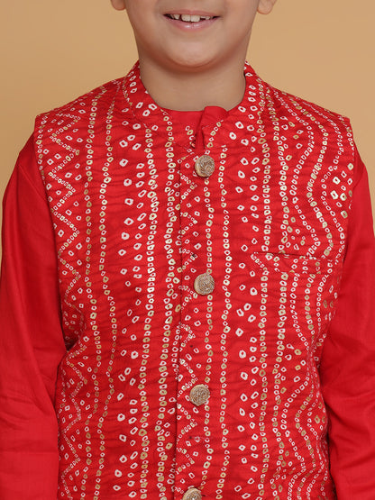 PICCOLO Red Kurta with Pyjama and Bandhani Printed Jacket