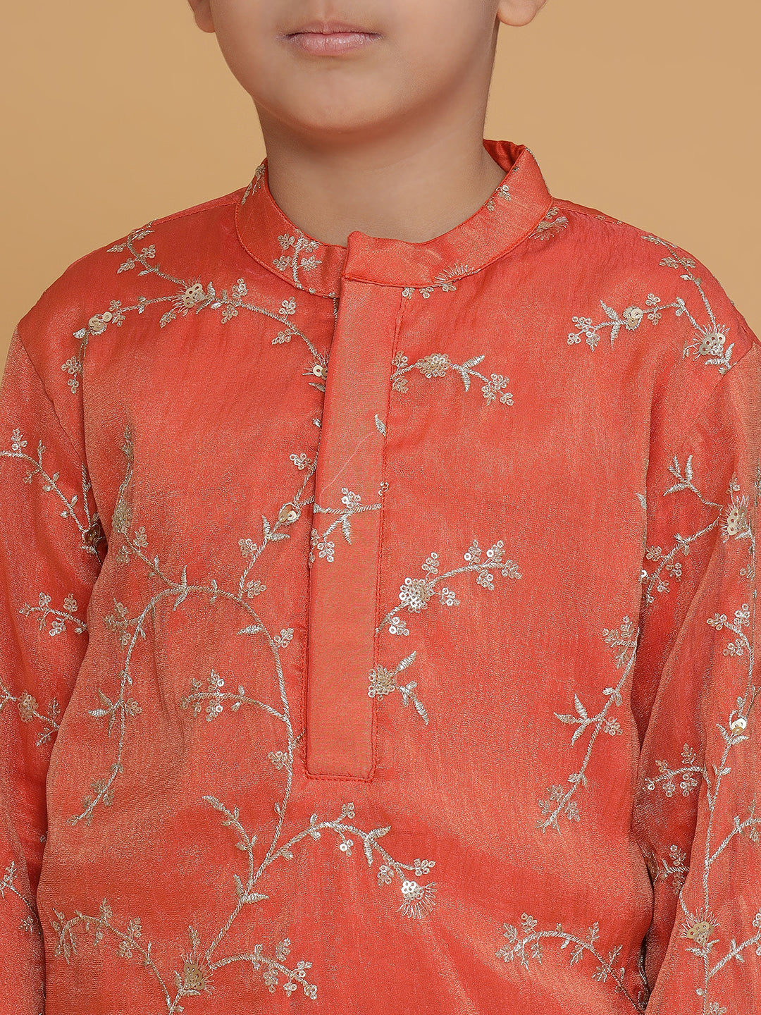 Boys Orange Organza Embroidered Kurta And Pyjama Set