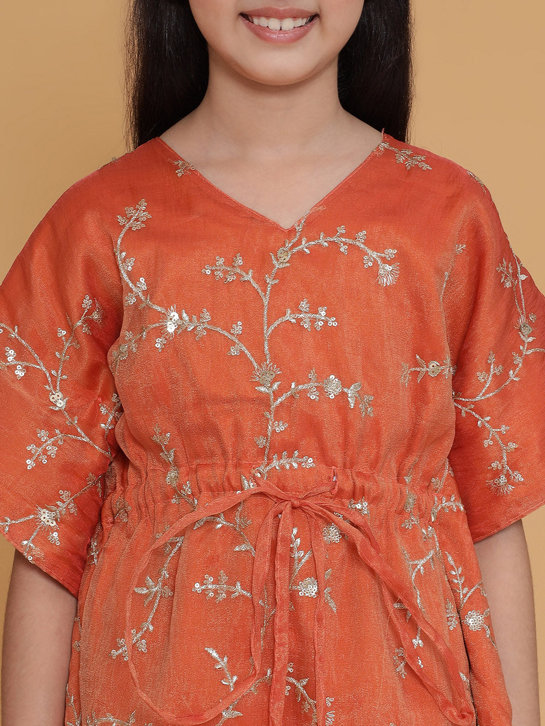 Piccolo-Tissue Kaftan Set With Pants- Orange
