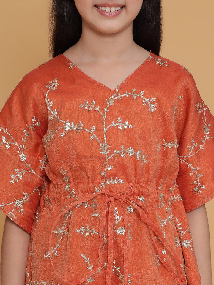 Piccolo-Tissue Kaftan Set With Pants- Orange