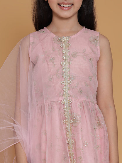 Girls Pink Sequinned Floral A Line Kurta And Pants Set With Dupatta