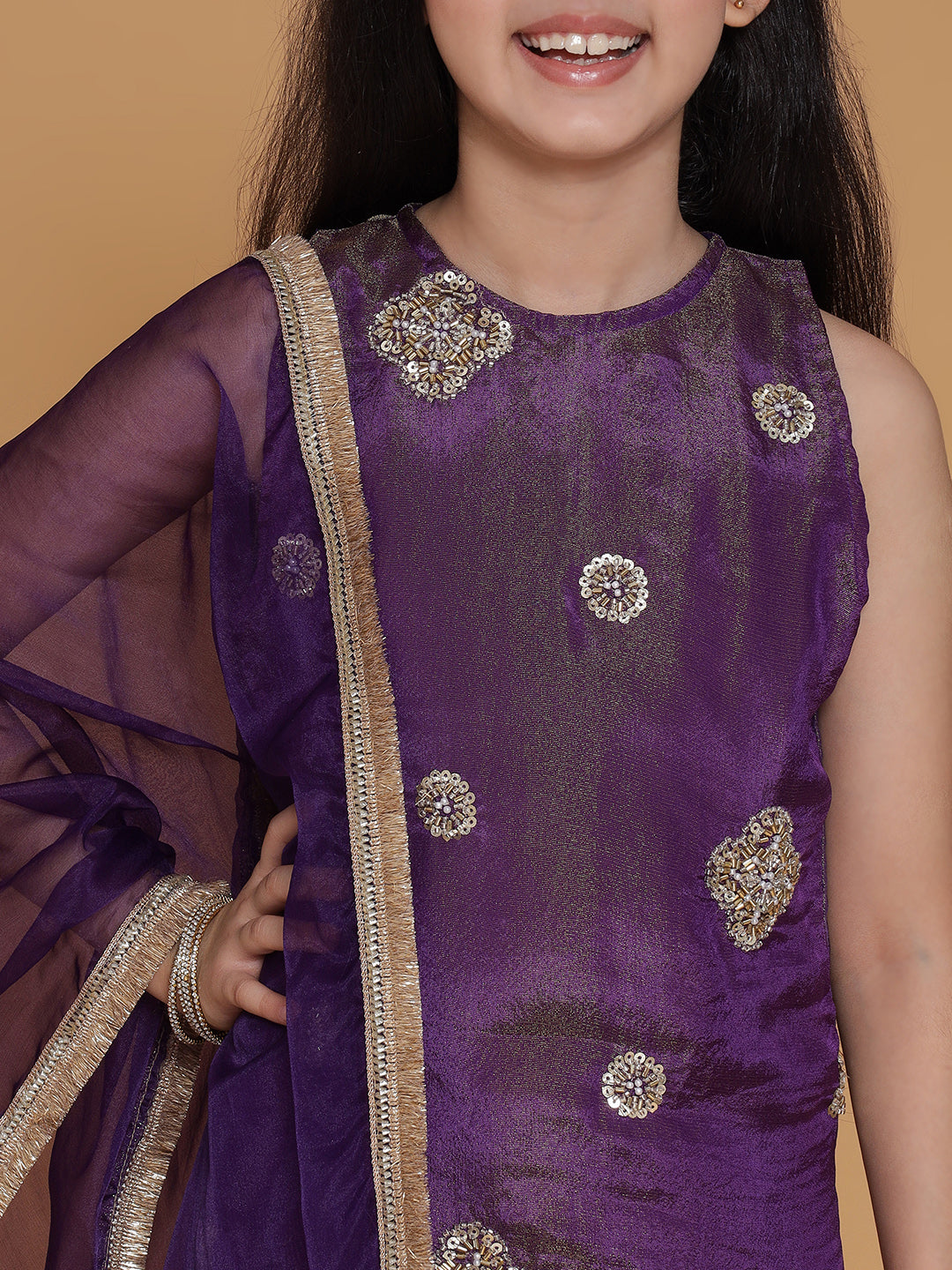 Girls Purple Gold Handwork Tissue Kurta, Pant And Dupatta Set