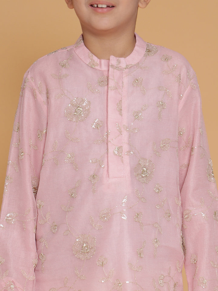 Boys Pink Ethnic Motifs Embroidered Kurta And Pyjamas Set