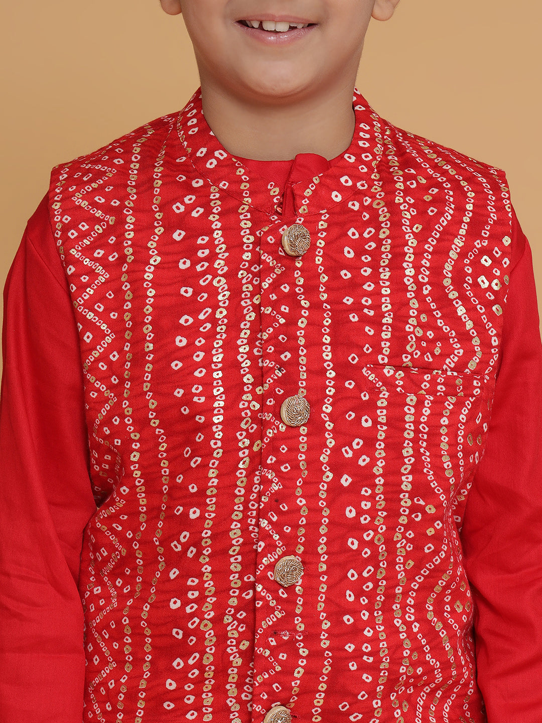Piccolo Red Bandhani Print Nehru Jacket Kurta Pyjama Set
