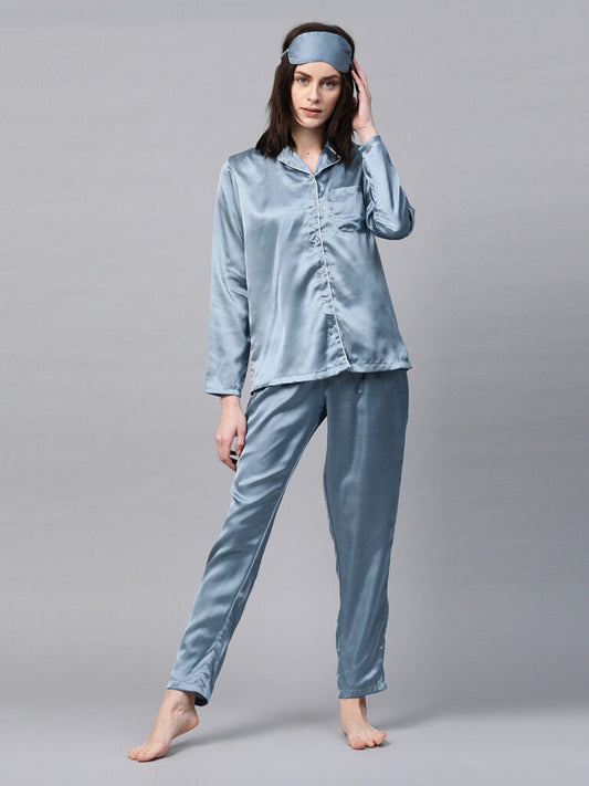 Women Blue Solid Night Suit With Eye Mask